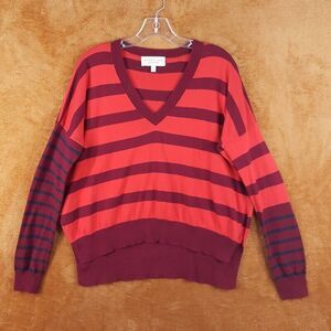 DEREK LAM Womens Sweater XS Maroon Stripe Pullover VNeck Oversized Cotton Blend